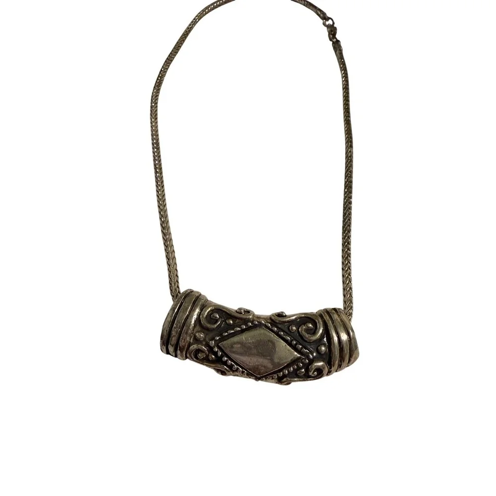 Vintage Ornate Silver Tone Scroll Slide Pendant Wheat Chain Necklace Boho 1.75in